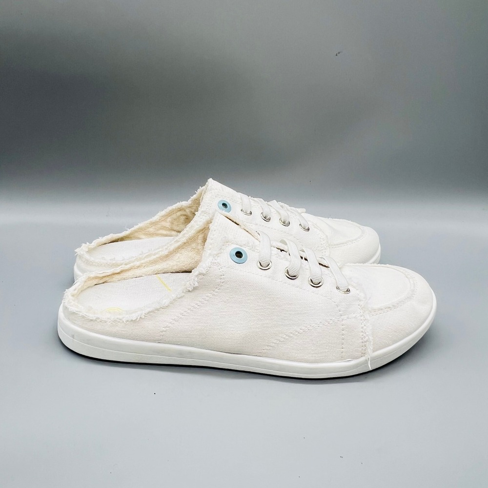 Vionic Beach Shoes Womens 8.5 White Canvas Breeze Mules Frayed Slip On Sneakers